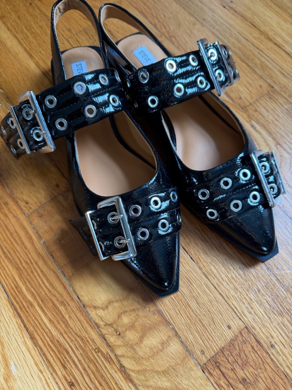 Steve Madden Black Patent Slingback Flats with Grommet Buckles